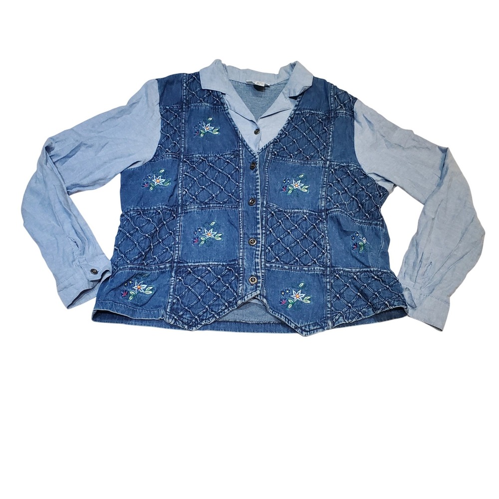 Vintage Alfred Dunner Blue Denim Quilted Floral Embroidered Vest & Shirt Combo M